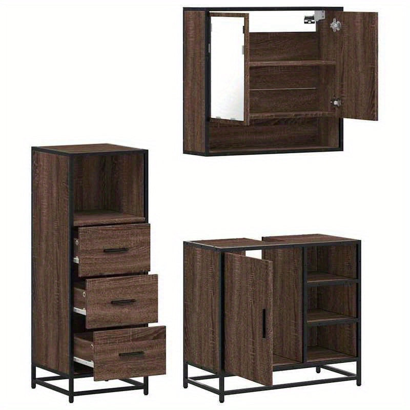 Badkamermeubelset – Badkamerkast – Wastafelonderkast – Spiegelkast – Opbergmeubel – Bruin Eikenlook – 3-Delige Set – Hoogwaardige Materialen