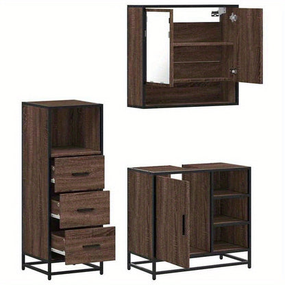 Badkamermeubelset – Badkamerkast – Wastafelonderkast – Spiegelkast – Opbergmeubel – Bruin Eikenlook – 3-Delige Set – Hoogwaardige Materialen