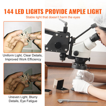 Stereomicroscoop – Loep – Microscoop – Vergrootglas – Inspectielamp – 7x-45x Continue Zoom – 144 LED Ringverlichting – Verstelbare Metaalstandaard – Zwarte Variant