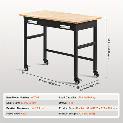 Werkbank – Werktafel – Werkbank Op Wielen – Werkbank Met Lade – Mobiele Werkbank – Houten Werkblad 122 cm – Draagkracht Tot 680 kg
