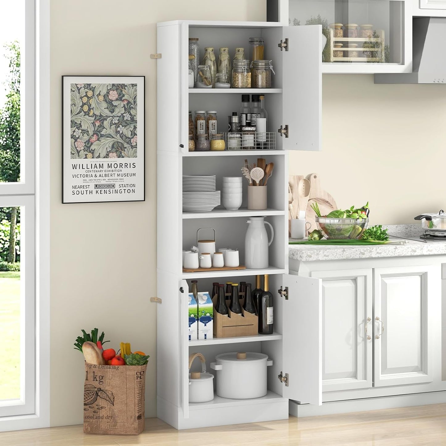 Opbergkast – Hoge Kast – Keukenkast – Dichte Deuren Kast – Open Planken Kast – 190 cm Hoog – Anti-Kantelbeveiliging & Stevig MDF Materiaal – Wit Naturel
