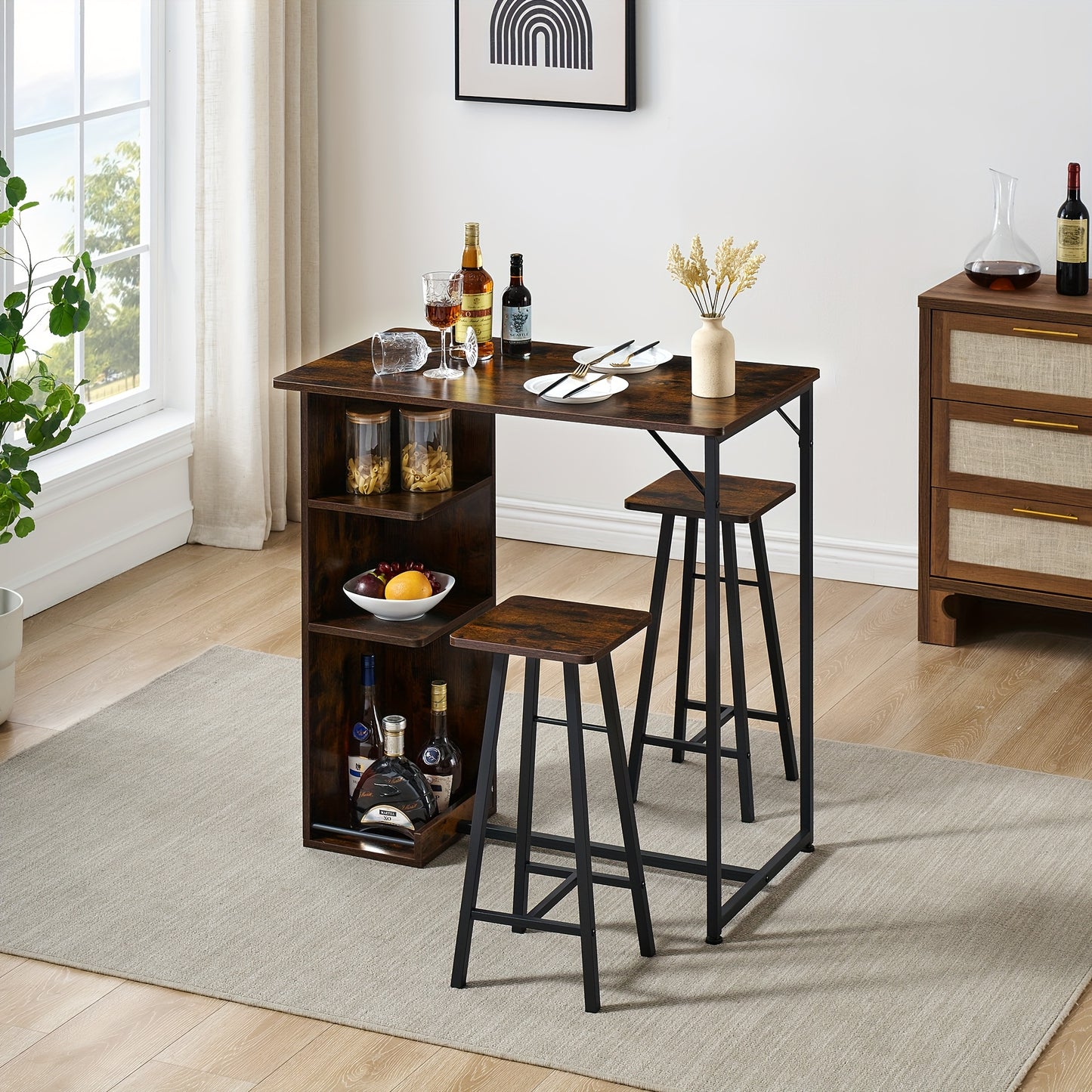 3-delige Barset – Barkrukset – Bistroset – Keukentafelset – Eettafelset – Compact Design – MDF Metalen Frame – Bruin