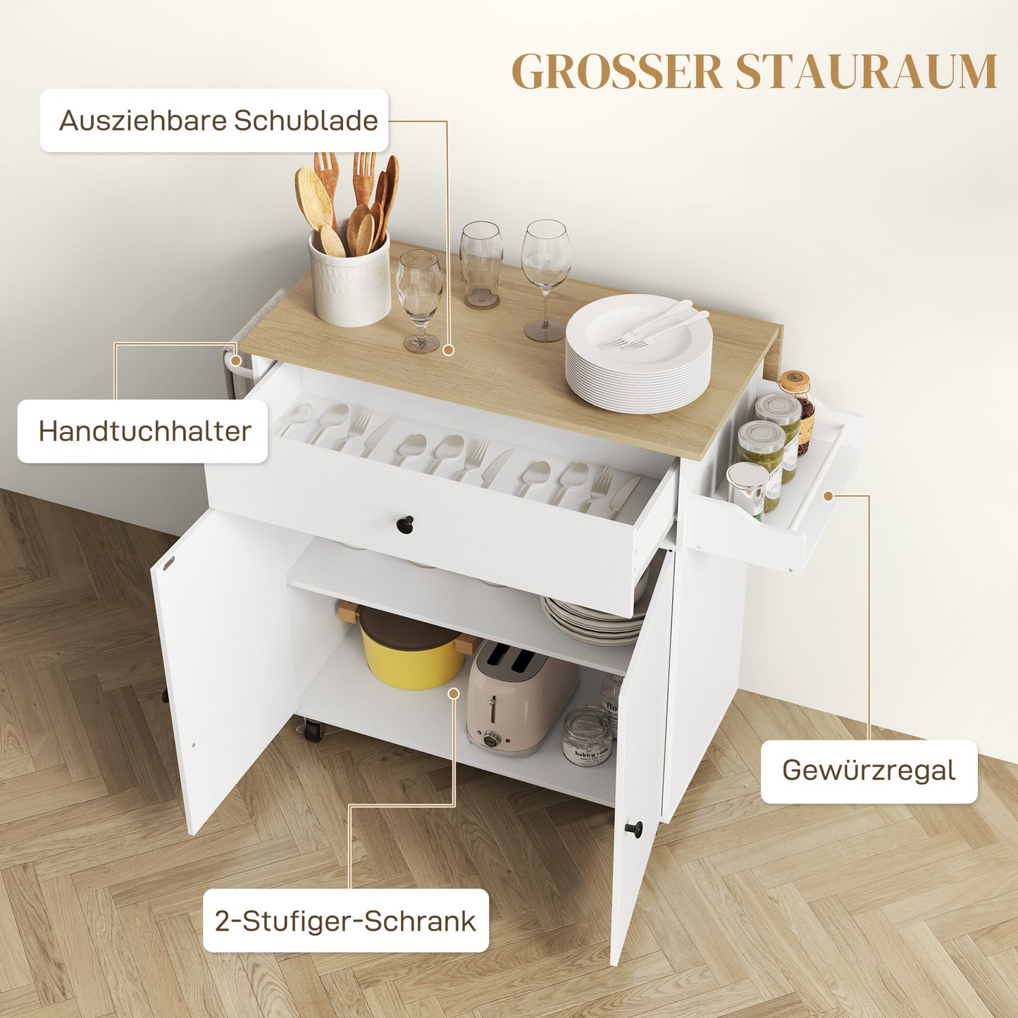 Keukentrolley – Keukenwagen – Serveerwagen – Opbergtrolley – Keukenrek – Uitklapbaar Werkblad – MDF Wit/Eiken 106x42x87 cm