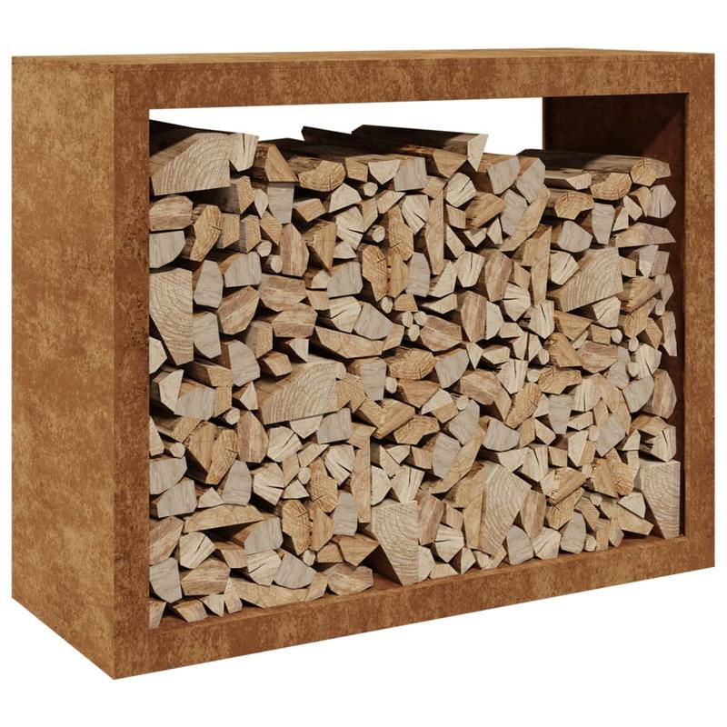 Houtopslag Buiten – Brandhoutrek – Haardhout Oplag – Houtberging – Houtrek – Weerbestendig Cortenstaal – Uittrekbare Plank 100x40x80 cm – Roestvast & Duurzaam