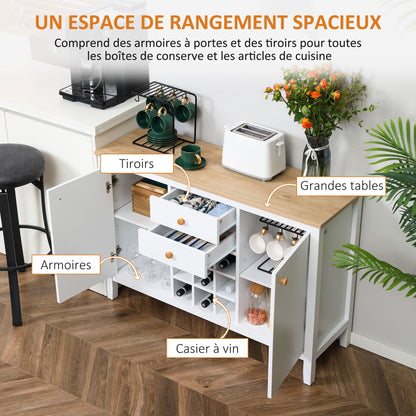 Opbergkast – Kastje – Dressoir – Bergkast – Buffetkast – 2 Laden – 2 Verstelbare Planken – Flessenhouder Voor 9 Flessen – Wit – Hout – 110 x 35 x 75 cm