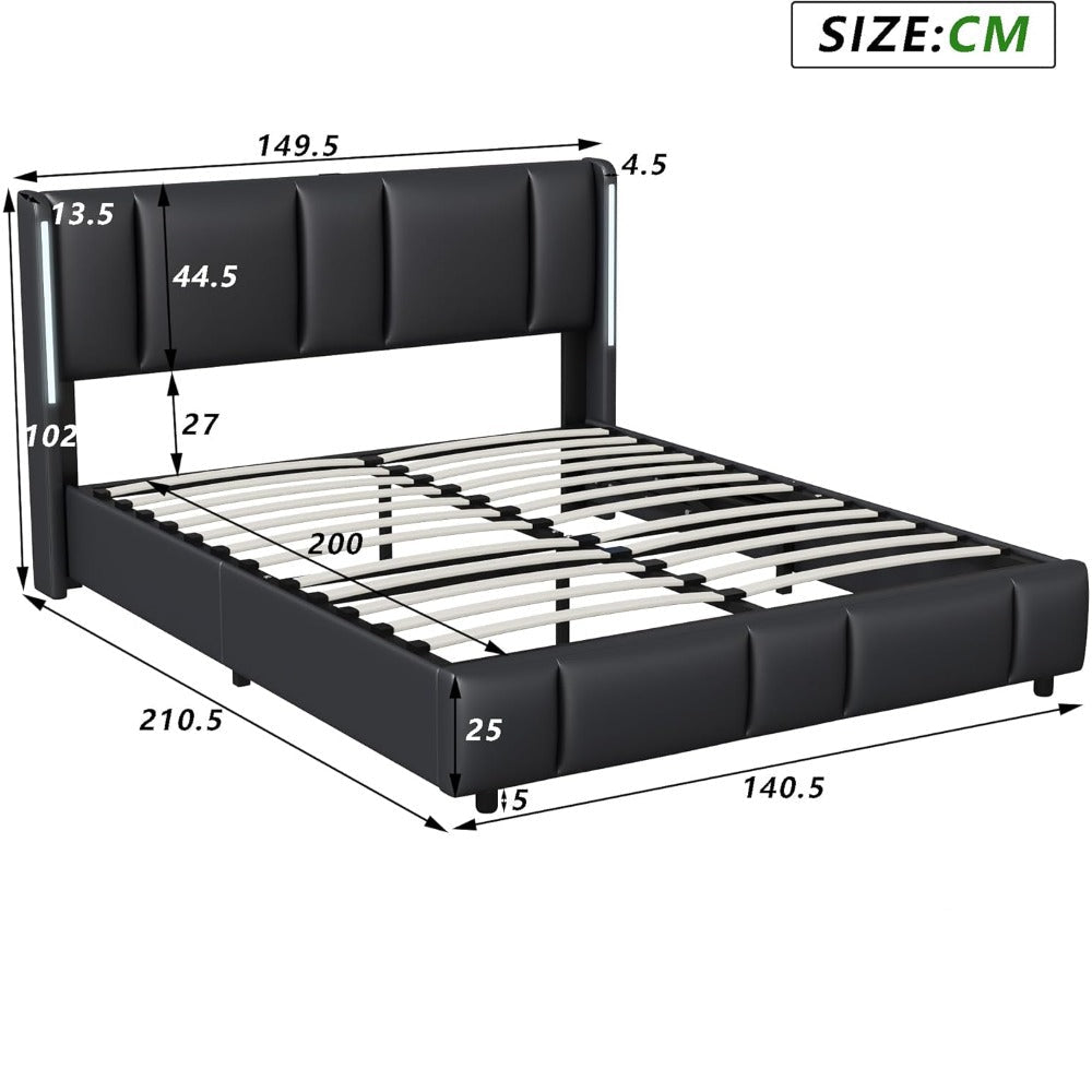 Dubbel Opbergbed – Opbergbed Met LED Verlichting – Bed Met Gasdrukveren – Bed Met USB Oplader – Stijlvol Slaapbed – 140x200 cm – PU Kunstleer Hoofdbord – Metalen Frame