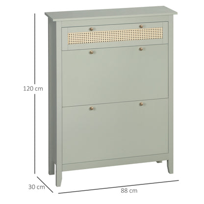 Schoenenkast – Schoenopberger – Schoenrek – Schoenmeubel – Opbergkast – Watergroen Boho Design – Rattan Look – 2 Klapdeuren – Verstelbare Planken – Lade – Compact 88x30x120 cm – MDF & PP Rattan