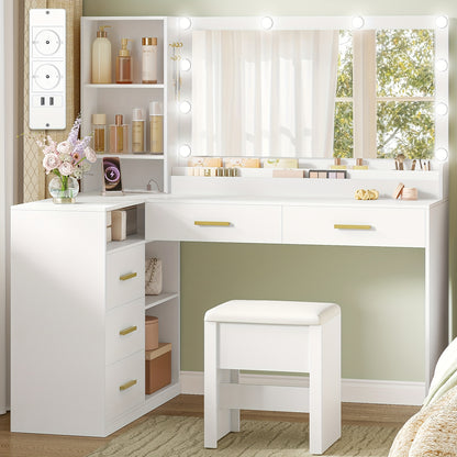Hoekkaptafel – Kaptafel – Make-uptafel – Schminktisch – Dressingtable – Wit – Grote Spiegel 80 cm – Vijf Lades Met Opbergruimte