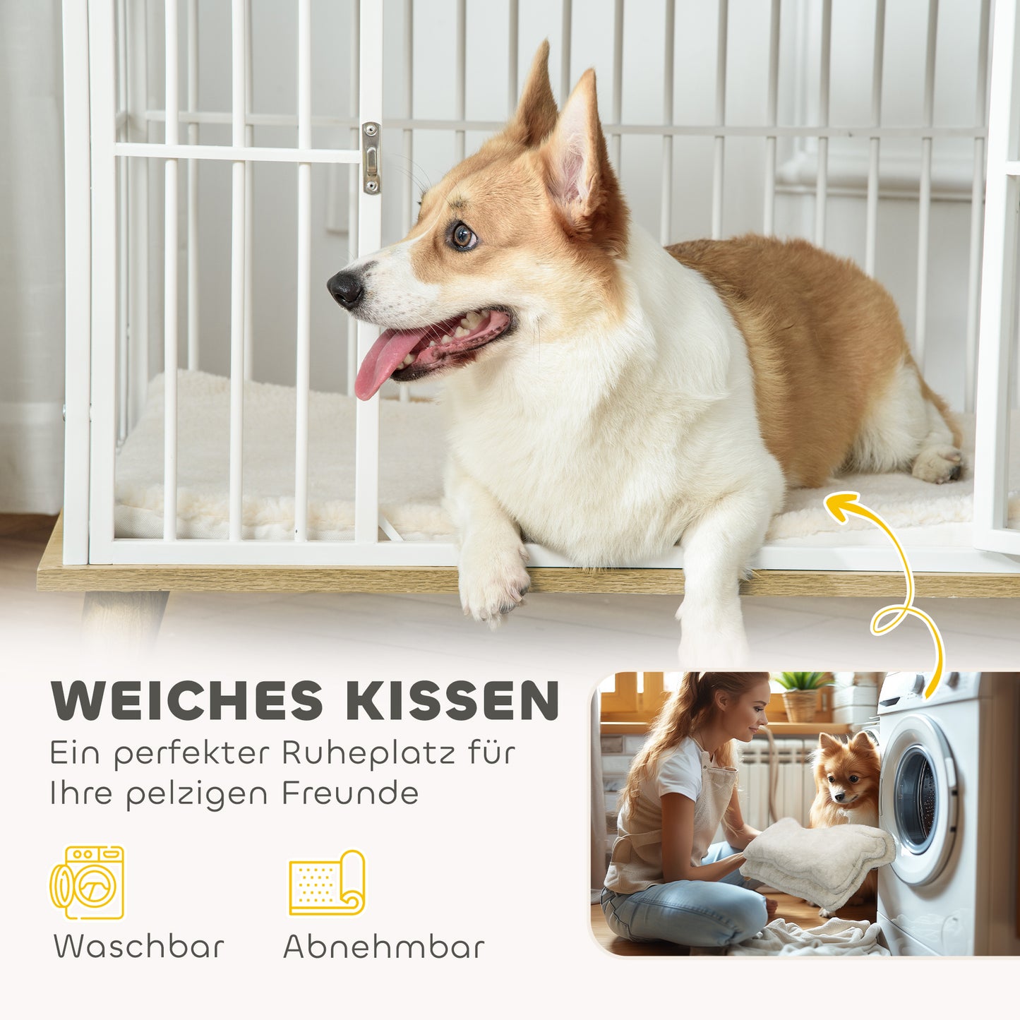 Hondenbench – Hondenkooi – Hondenmand – Hondenhuis – Reishondenbench – Vergrendelbare Deur – Uitneembaar Wasbaar Kussen – Stijlvol Wit Eiken – Staal Houtcomposiet – 86x60x70 cm – Goede Ventilatie
