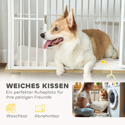 Hondenbench – Hondenkooi – Hondenmand – Hondenhuis – Reishondenbench – Vergrendelbare Deur – Uitneembaar Wasbaar Kussen – Stijlvol Wit Eiken – Staal Houtcomposiet – 86x60x70 cm – Goede Ventilatie