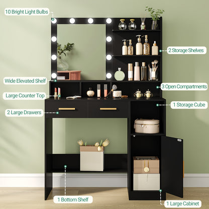 Make-up Tafel – Kaptafel – Schminktisch – Dressing Table – Vanity Table – Verstelbare LED Verlichting – 102x40x145 cm – Mat Zwart – 2 Lades en Kastje – 3 Planken en 4 Open Vakken