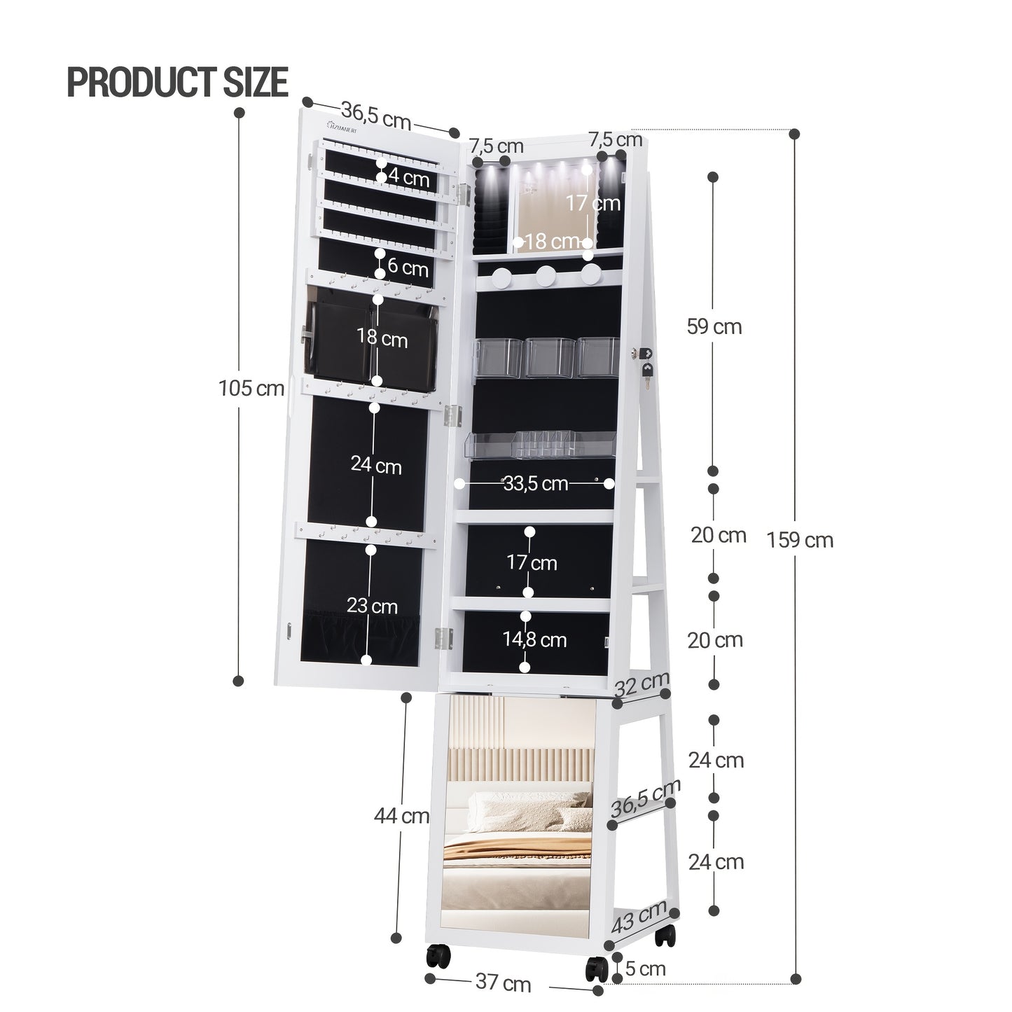 6 LEDs Jewelry Cabinet, 159 Cm High Jewelry Cabinet Organizer, Lockable In Full Length Of Mirror With 4 Wheels, Large 5-animal Jewelry Storage Rack, White, Jewelry Armoires - QUORE
