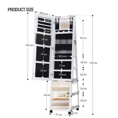 6 LEDs Jewelry Cabinet, 159 Cm High Jewelry Cabinet Organizer, Lockable In Full Length Of Mirror With 4 Wheels, Large 5-animal Jewelry Storage Rack, White, Jewelry Armoires - QUORE