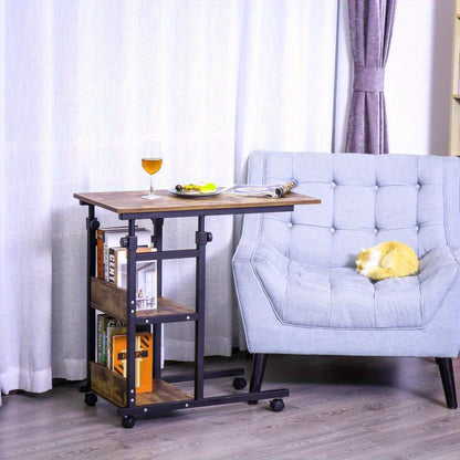 Verstelbare Salontafel – Bijzettafel – Koffietafel – Wieltjes Tafel – Opbergtafel – Verstelbare Hoogte 72-82 cm – Zwart Metaal & Hout