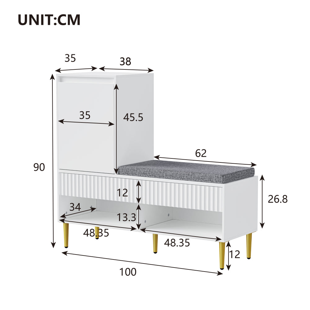 Schoenenkast – Schoenrek – Schoenenopberger – Halmeubel – Zitbank – Modern Wit – 1 Deur en 2 Lades – Compact en Ruimtebesparend 100x35x90 cm