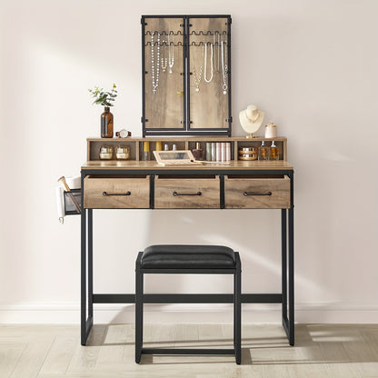 Kaptafel – Make-up Tafel – Cosmetische Tafel – Opmaaktafel – Visagie Tafel – Donker Hout & Zwarte Poten – 3 Laden en Driedelige Spiegel – Ingebouwde Haardrogerhouder – Met Krukje – Ruimtebesparend Design - QUORE