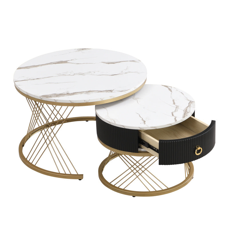 Salontafel – Koffietafel – Bijzettafel – Tafeltje – Woonkamertafel – Wit MDF Met Gouden Accenten – 2-Delige Set Met Lade En Verstelbare Pootjes