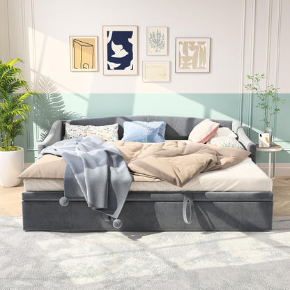 Gestoffeerd Bed – Bedframe – Éénpersoonsbed – Slaapbank – Bedframe Velvet – Grijs – Stevig Metalen Frame – 12 Houten Latten – 90x200 cm – Geen Boxspring Nodig