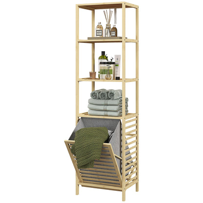 Badkamerkast – Badkamermeubel – Opbergkast – Wasmandkast – Smalle Kast – Bamboe Frame – Ingebouwde Wasmand Met Afneembare Zak – Compact Hoog Design 44x33x160cm
