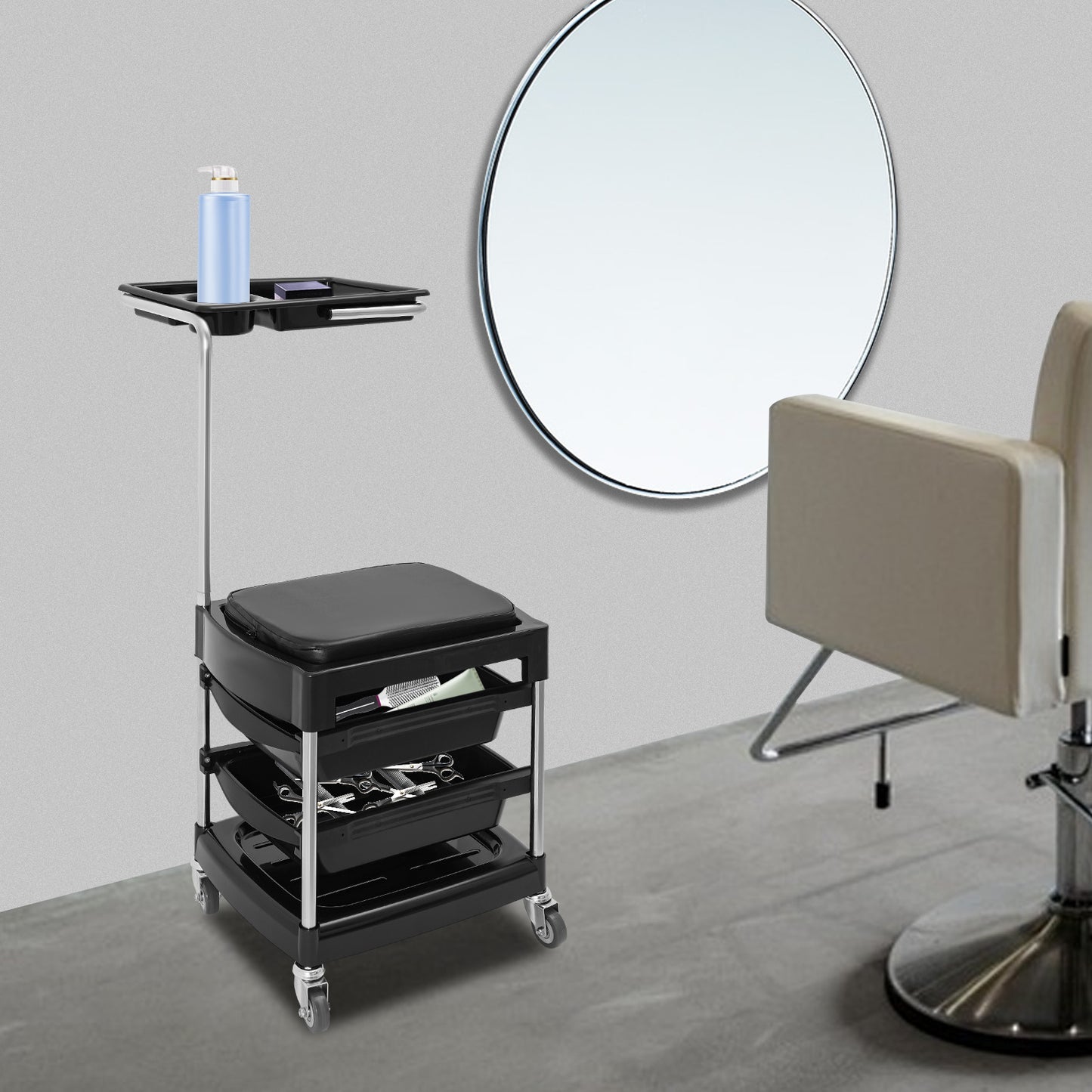 Opbergtrolley – Opbergwagen – Trolley – Beautywagen – Salonwagen – Mobiel Met 3 Uitklapbare Trays – Zwart ABS Met PU Bekleding – 150 Kg Draagkracht – Vergrendelbare Zwenkwielen