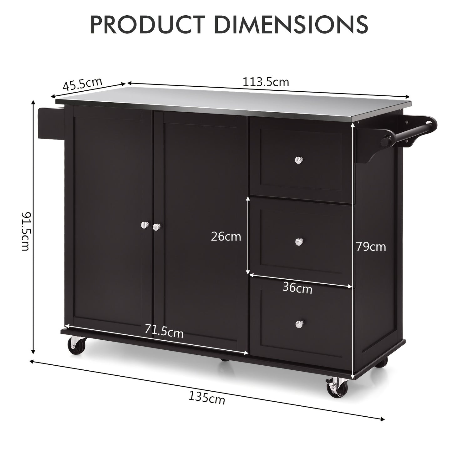 GOFLAME Stainless Steel Kitchen Cart with 3 Drawers & Adjustable Shelf - Mobile Rolling Island Cart on Wheels, Dark Brown, Sturdy MDF Hardwood Construction, Easy Assembly, Space-Saving Design for Modern Kitchens, Kitchen Cart