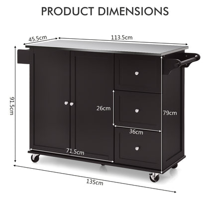 GOFLAME Stainless Steel Kitchen Cart with 3 Drawers & Adjustable Shelf - Mobile Rolling Island Cart on Wheels, Dark Brown, Sturdy MDF Hardwood Construction, Easy Assembly, Space-Saving Design for Modern Kitchens, Kitchen Cart