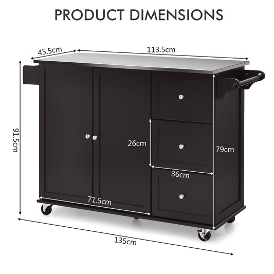 GOFLAME Stainless Steel Kitchen Cart with 3 Drawers & Adjustable Shelf - Mobile Rolling Island Cart on Wheels, Dark Brown, Sturdy MDF Hardwood Construction, Easy Assembly, Space-Saving Design for Modern Kitchens, Kitchen Cart