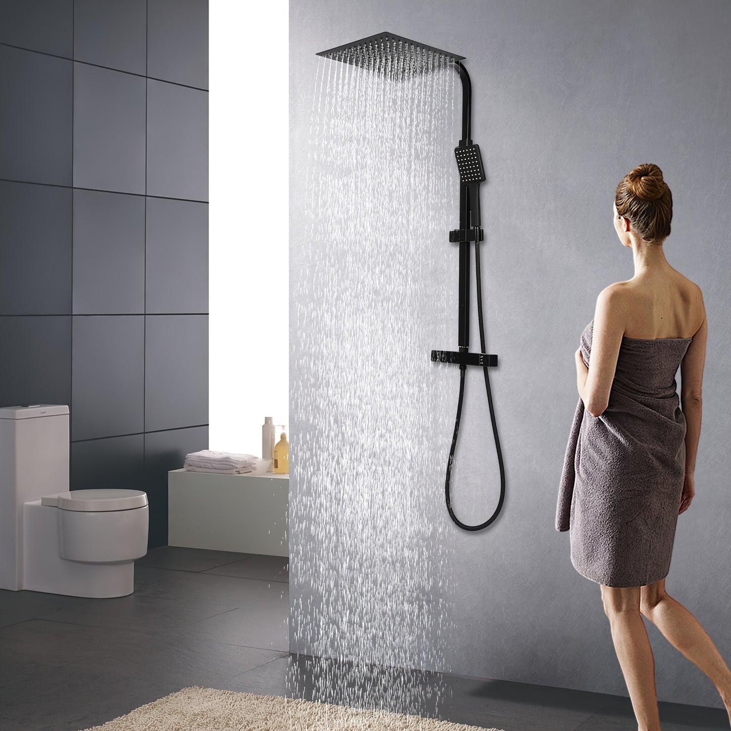 Zwarte Douche Set – Regendouche – Handdouche – Doucheset – Thermostaatkraan – Vierkant – 30x30 cm – Verstelbare Douchestang – Veiligheidsstop 38°C