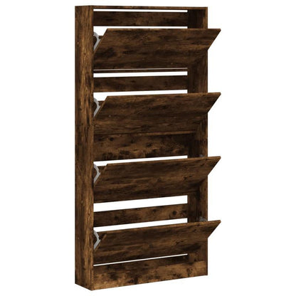 Shoe Cabinet with 4 Flap Drawers Measuring 80X21X163.5 Cm in Smoked Oak Color. This Stylish Shoe Cabinet Prevents Messy Shoes And Creates a Tidy Environment; The Metal Frame Provides Strength And Stability. The Cabinet Is Lig