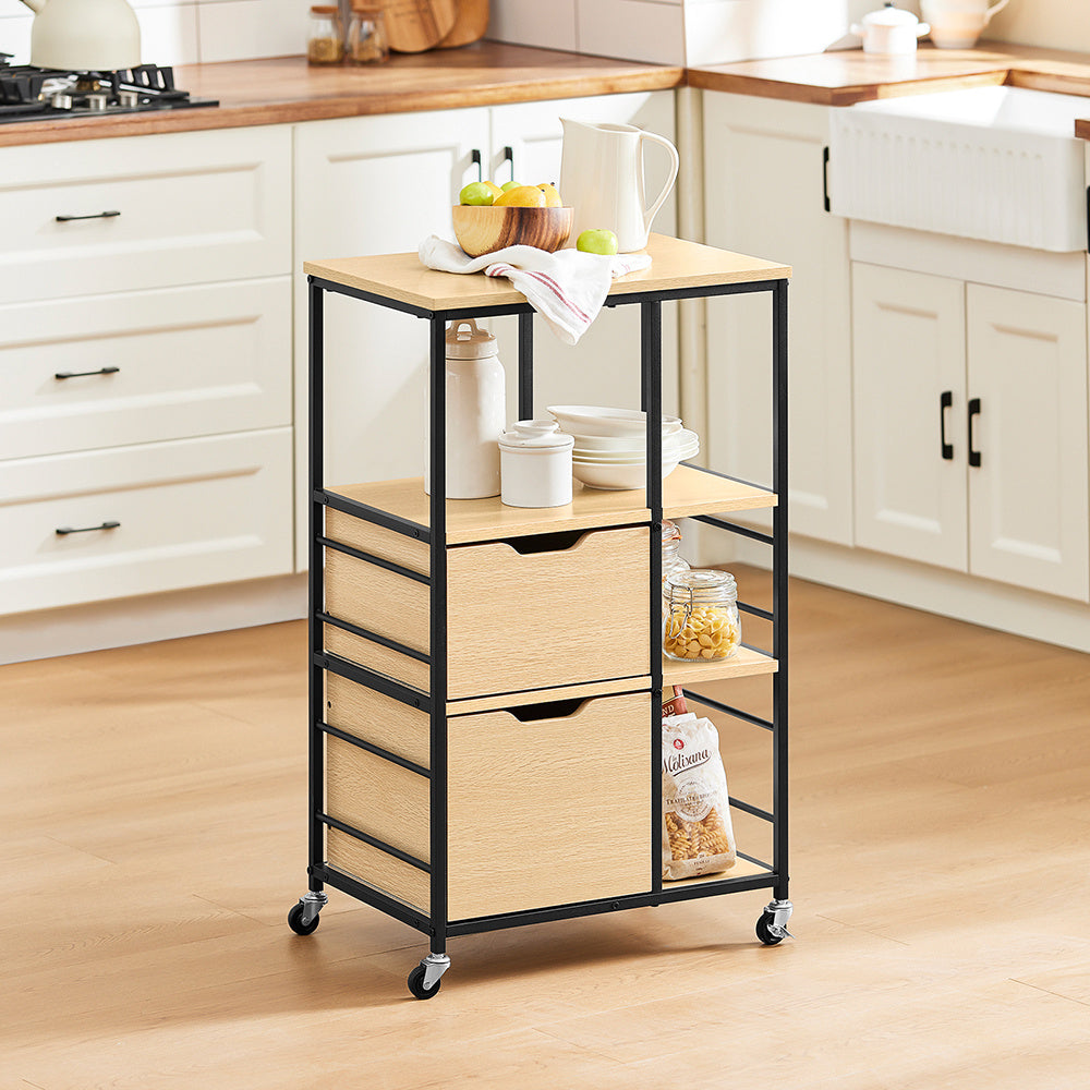 Serveerwagen – Keukenwagen – Serveerwagen Met Wielen – Trolley – Bijzettafel – Industrieel Design – 2 Lades En 3 Open Planken – Compact 89x53x37 Cm
