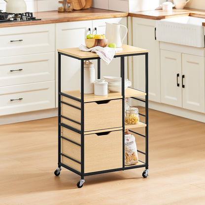 Serveerwagen – Keukenwagen – Serveerwagen Met Wielen – Trolley – Bijzettafel – Industrieel Design – 2 Lades En 3 Open Planken – Compact 89x53x37 Cm