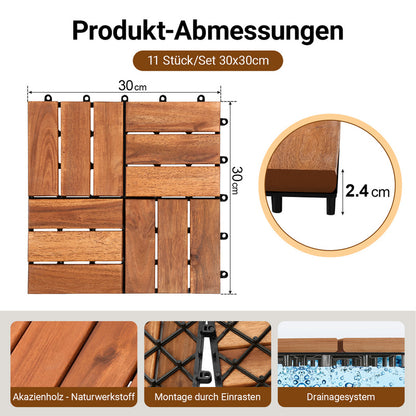 Terrace Tiles Decking Tiles 30 x 30 cm Tiles Balcony Tiles, Brown for Balcony, Garden, Saunas, Swimming Pools Wooden Floor with 6 Slats/12 Slats, Set of 11/22/33 Tiles for 1 m²/2 m²/3 m²