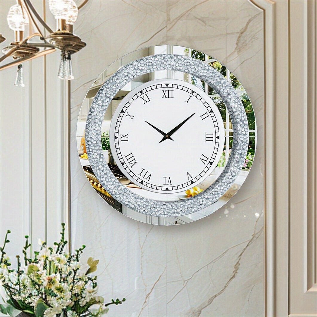 Spiegelklok – Wandklok – Klok – Muurklok – Stil Quartz – 60 cm Diameter – Kristallen Inleg – Romeinse Cijfers