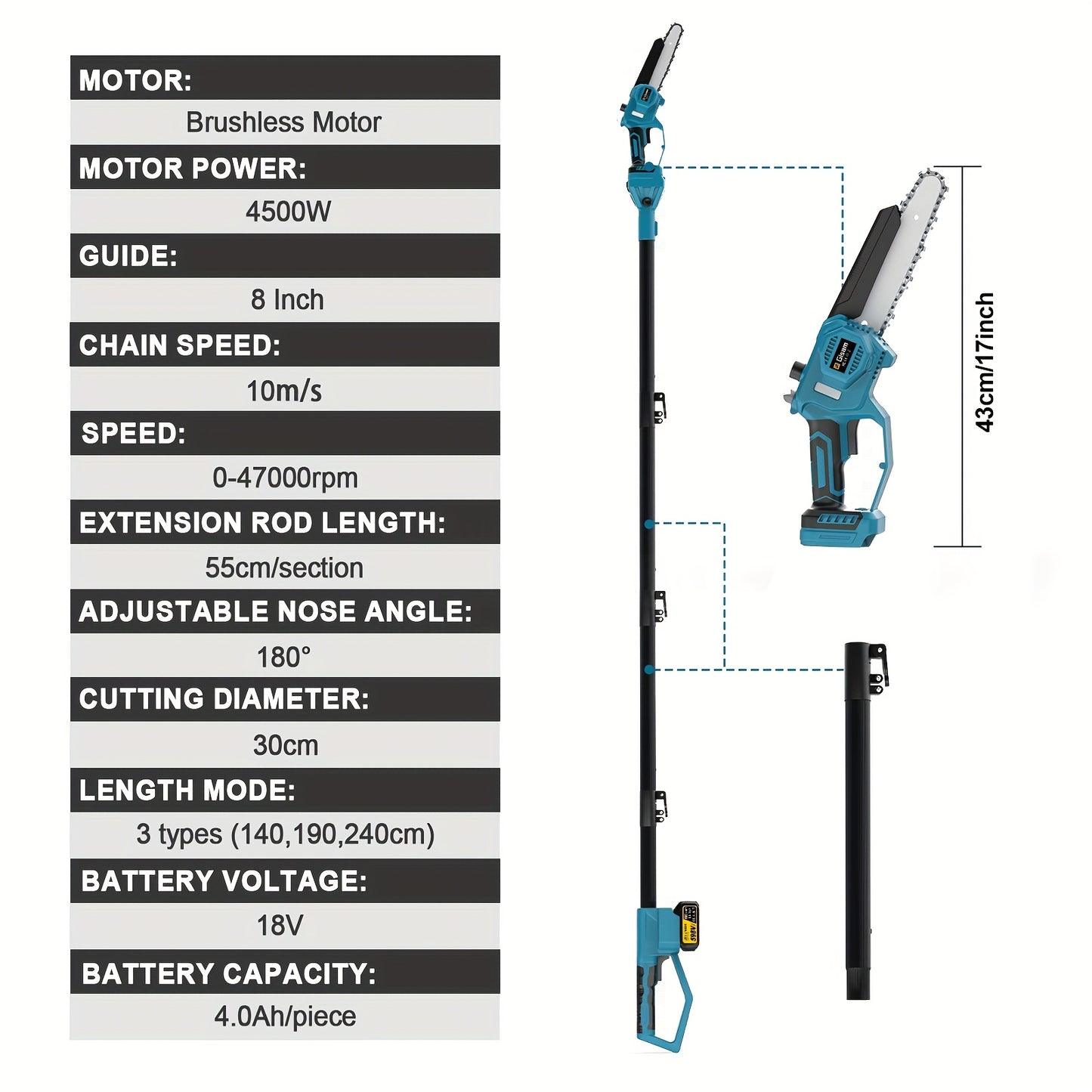 Elektrische Kettingzaag – Snoeizaag – Telescoopzaag – Takkenzaag – Accukettingzaag – 2-in-1 Telescopische Steel 240 cm – Brushless Motor – 4000mAh Oplaadbare Batterij