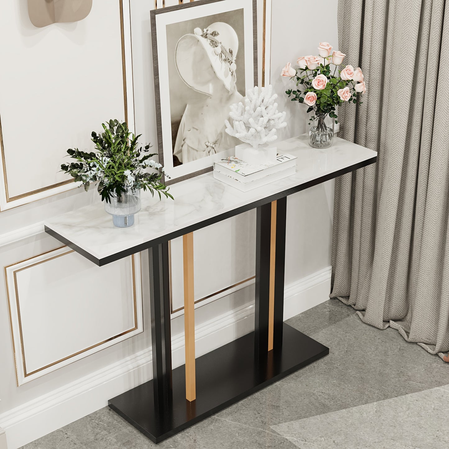 Sidetable – Consoletafel – Wandtafel – Haltafel – Bijzettafel – Krasbestendig Gesinterd Steen Blad – Zwart Gouden Metaalframe