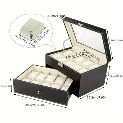 20 Slot Watch Box with Lock, Double Layer PU Watch Case Organiser Display with Glass Top, 29x21x17cm Storage for Men Women (Black), Large Watch Box, Watches Case Storage for Women, Watch Box for Men, Watch Storage Case, Watch