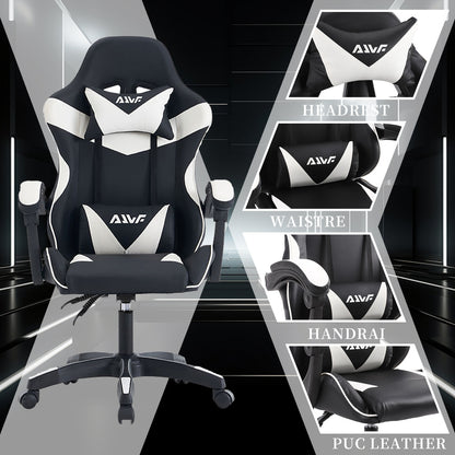 Gamingstoel – Gamestoel – Bureaustoel – Game Chair – Computerstoel – Ergonomisch Design – Met Lendensteun – Kunstleer Wit