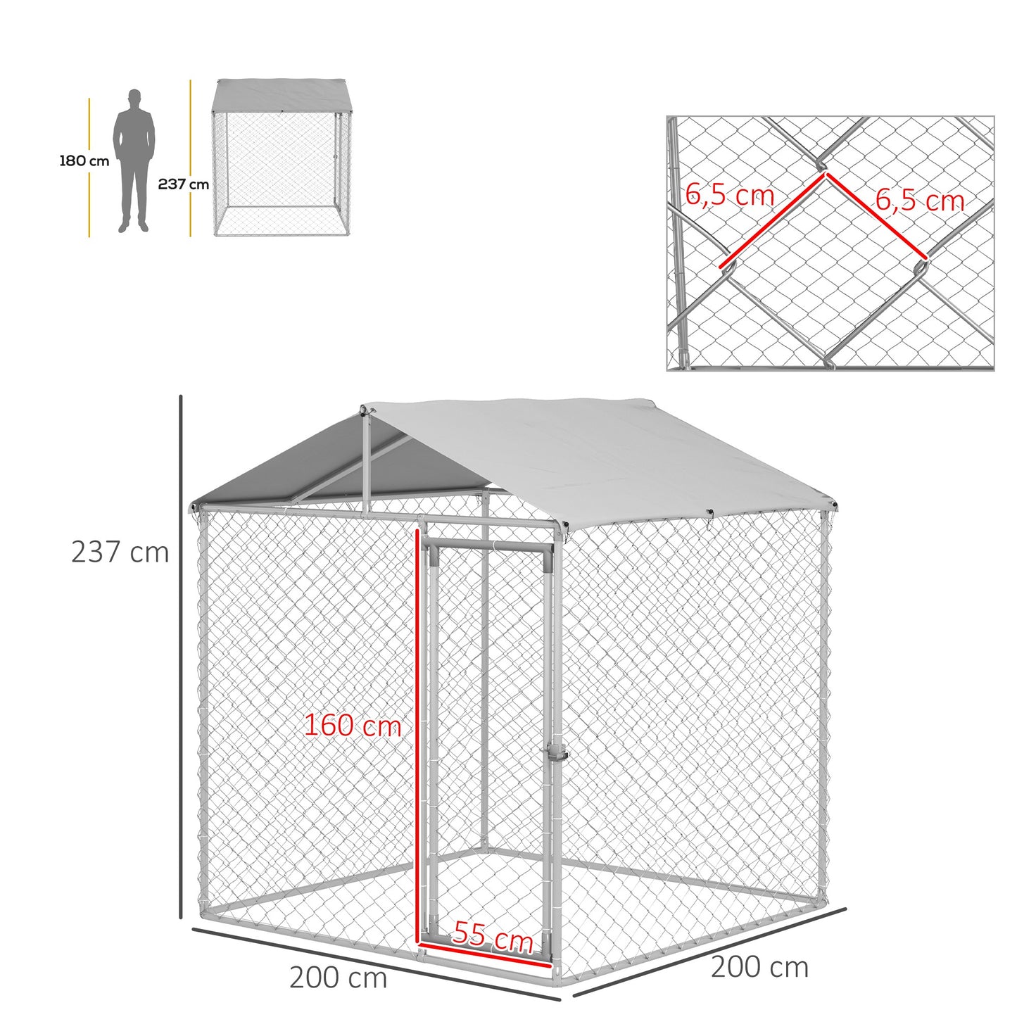Hondenkennel – Hondenren – Dierenkennel – Hondenkooi – Buitenren – Met Dak – Vergrendelbare Deur – Verzinkt Staal – 200x200x237 cm