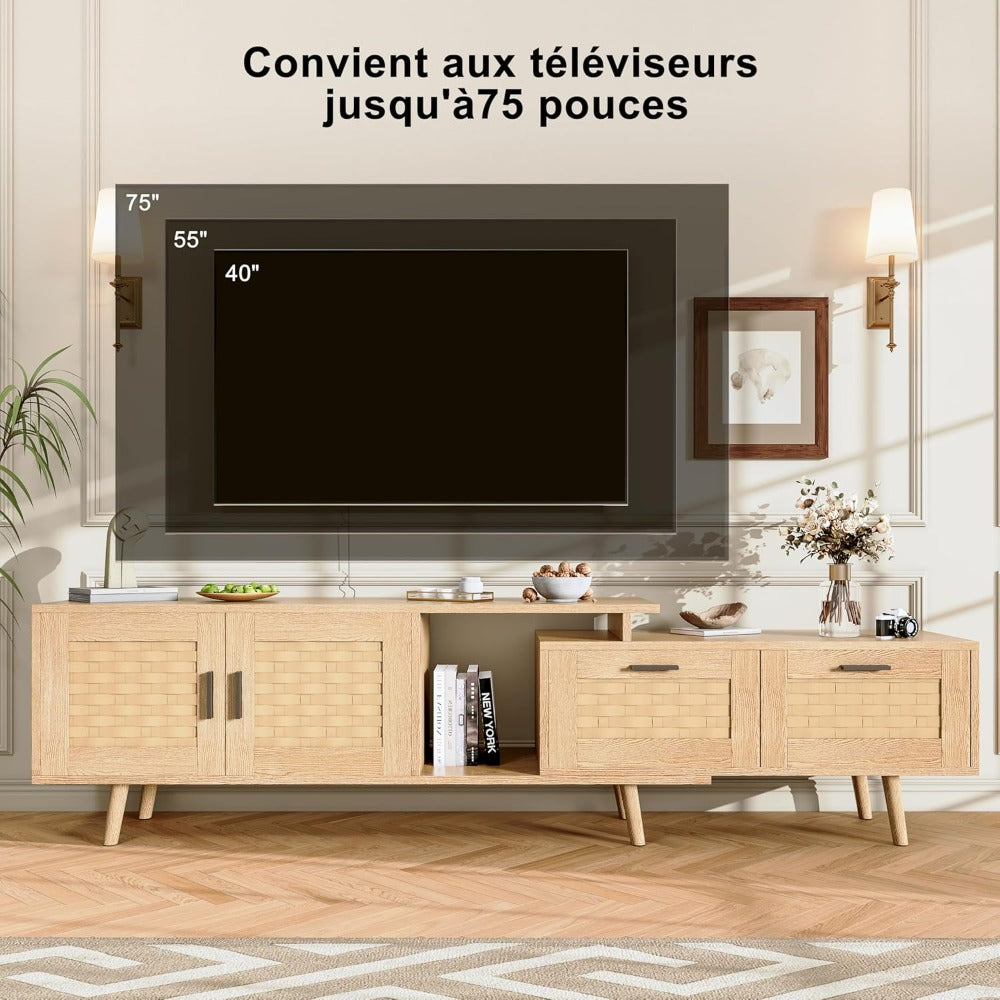 tv-meubel – tv-kast – dressoir – mediameubel – wandmeubel – Mid-Century Modern Design – Natuurlijke Rattan Accenten – 146x30x44 cm – MDF Hout