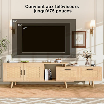tv-meubel – tv-kast – dressoir – mediameubel – wandmeubel – Mid-Century Modern Design – Natuurlijke Rattan Accenten – 146x30x44 cm – MDF Hout