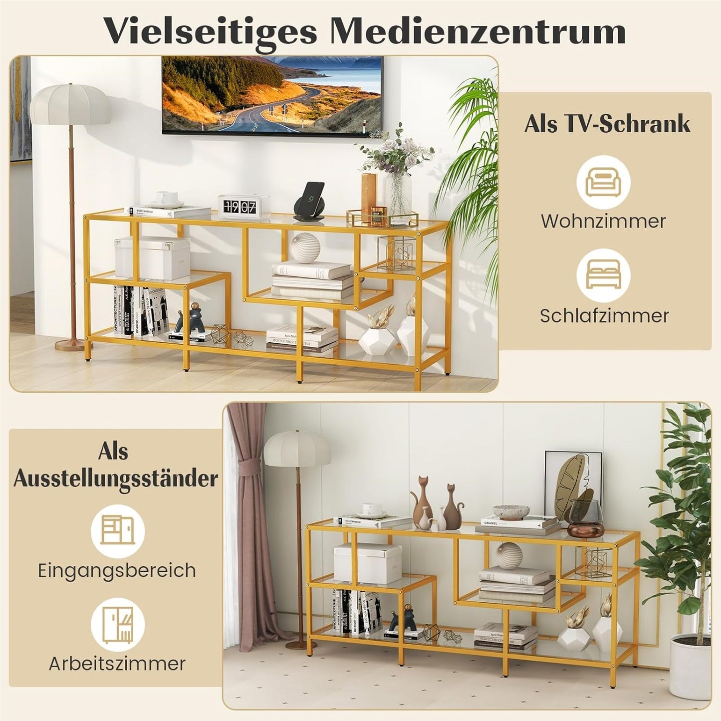 TV-meubel – TV-kast – Televisiemeubel – TV-standaard – Tv-dressoir – Met Gehard Glas – Stevige Metalen Constructie – Geschikt Voor TV’s Tot 65 Inch – Gouden Kleur – 147x40x62 cm