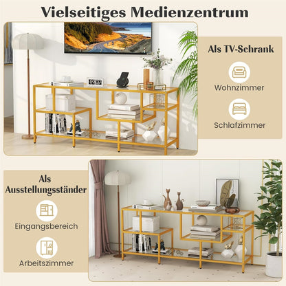 TV-meubel – TV-kast – Televisiemeubel – TV-standaard – Tv-dressoir – Met Gehard Glas – Stevige Metalen Constructie – Geschikt Voor TV’s Tot 65 Inch – Gouden Kleur – 147x40x62 cm
