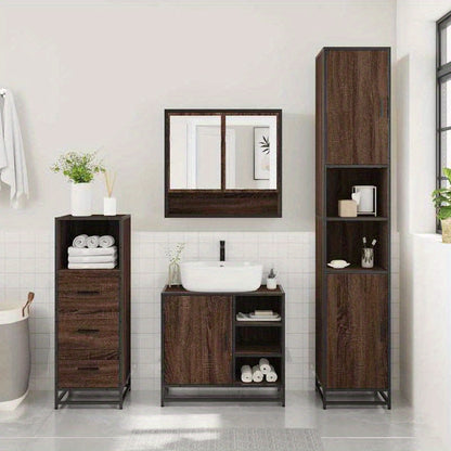 Badkamermeubelset – Badkamerkast – Wastafelonderkast – Spiegelkast – Opbergmeubel – Bruin Eikenlook – 3-Delige Set – Hoogwaardige Materialen