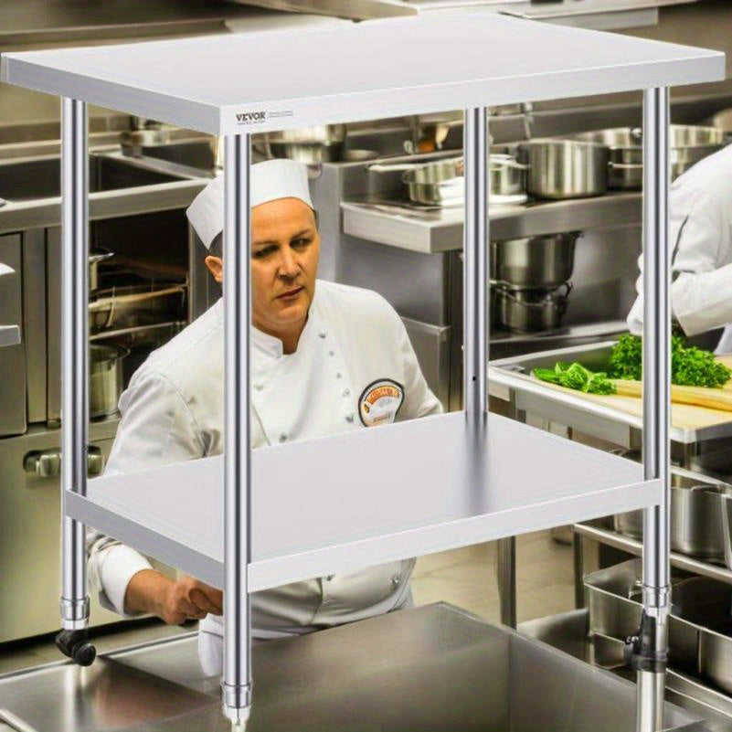 Werkbank – Werktafel – Keukentafel – Opbergsysteem – Werkplek – RVS Materiaal – 60,96x91,44 cm – Met Wielen – Duurzaam – Twee Niveaus