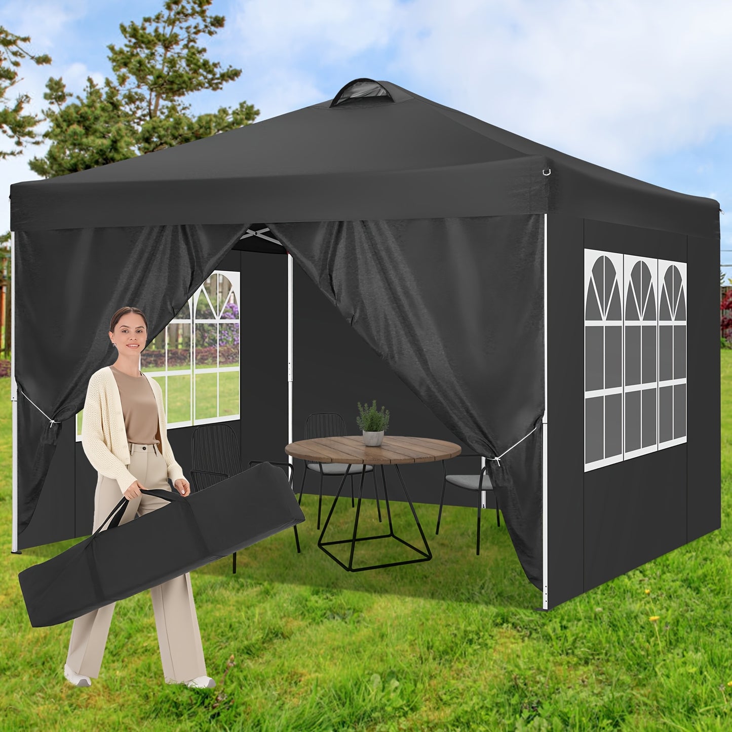 3.05x3.05meter Pop-up Tent, Party Canopy, Folding Gazebo, with 4 Detachable Side Walls, Portable Bag, Sandbag And Ground Stake, Height Adjustable, Easy to Install, Suitable for Weddings, Camping, Gardens, Market Stalls, Outdo