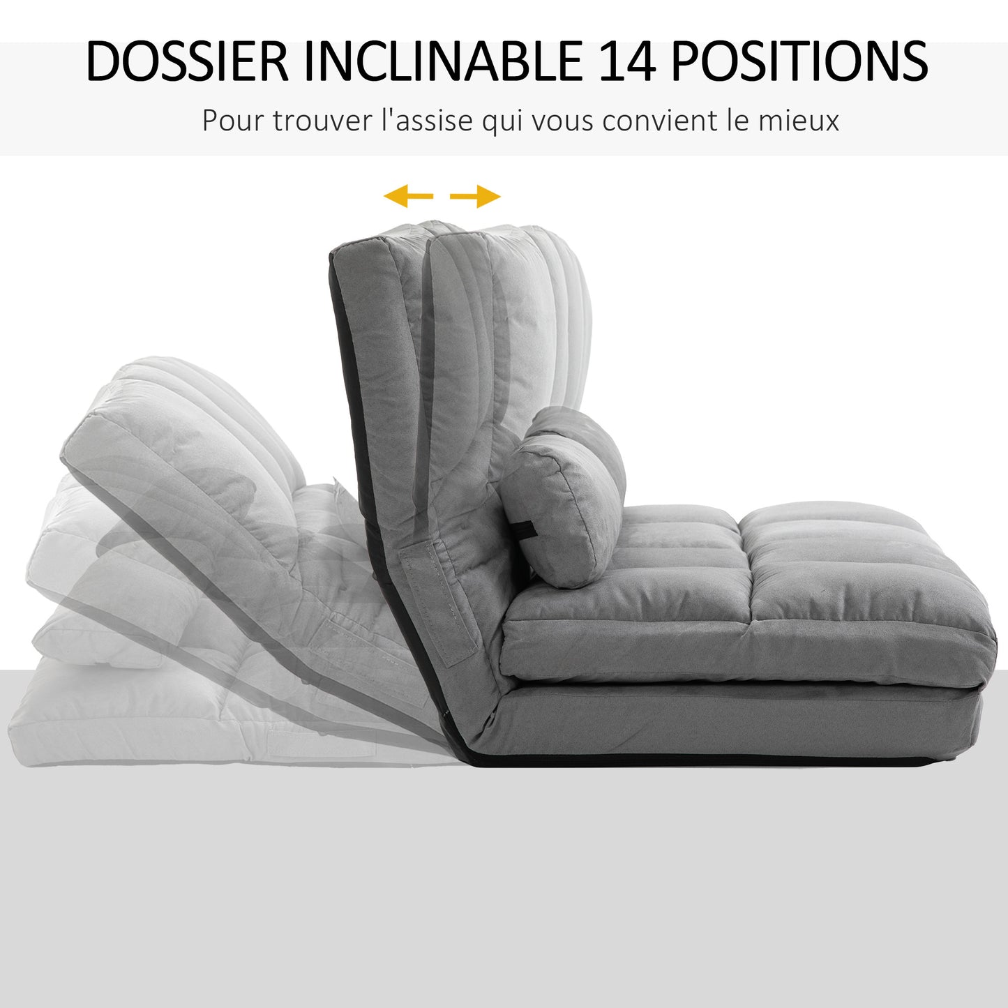 Slaapstoel – Slaapbank – Slaapfauteuil – Zetelbed – Vouwbed – Verstelbare Rugleuning 14 Standen – Suede-achtig Polyester Lichtgrijs – Inclusief 2 Kussens