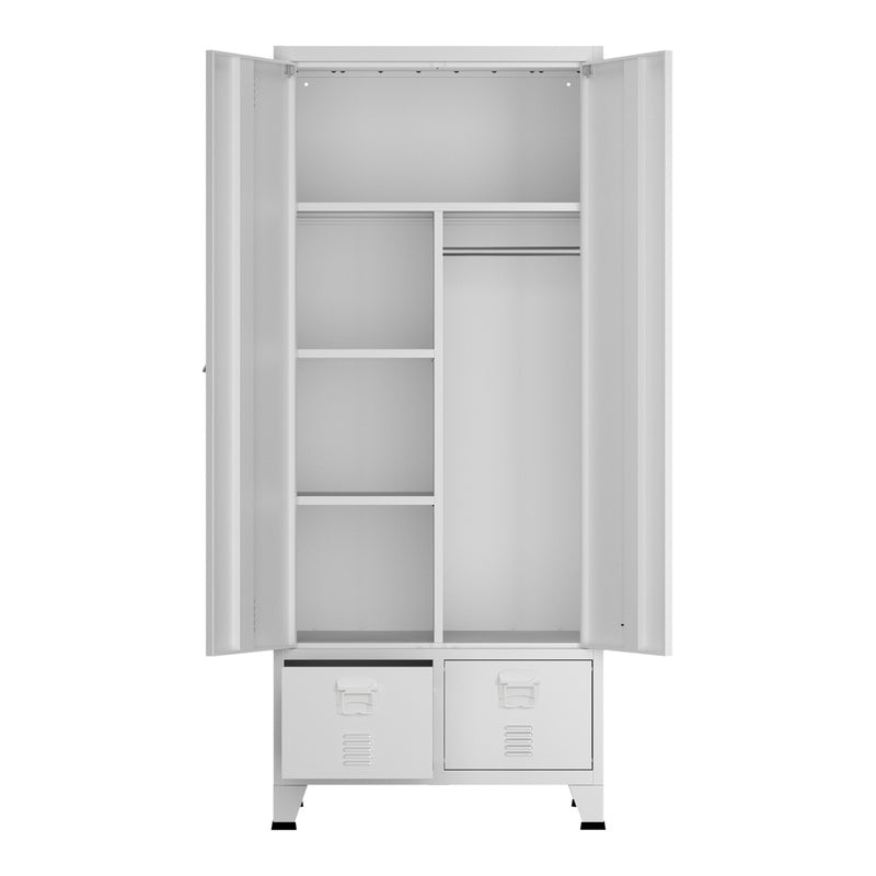 Stalen Kledingkast – Garderobekast – Kledingkast Met Laden – Opbergkast – Industrieel Design – Wit Gelakt Staal – 180 x 90 x 40 cm – Ruime Bergruimte – Stevige Constructie