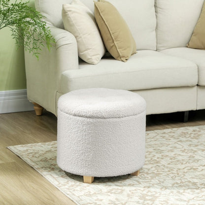 Opbergpoef – Opbergkoffer – Zitbankje – Voetenbank – Poef – Rond Design – Wit Met Houten Poten – Met Deksel