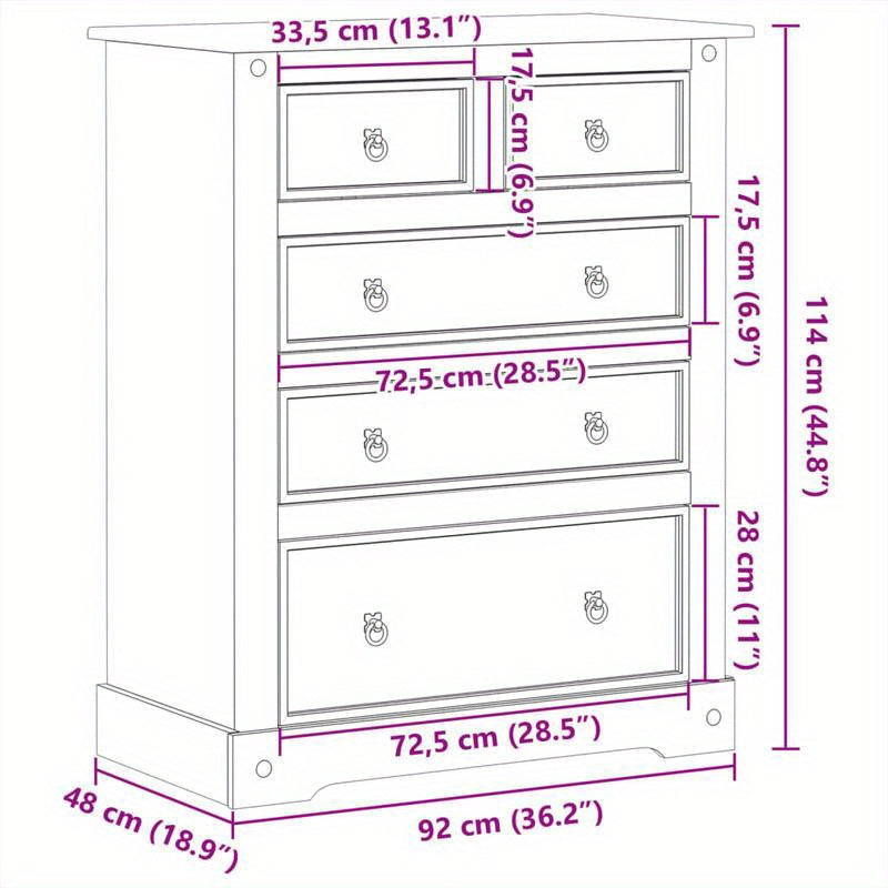 Ladekast – Ladekastje – Opbergkast – Kastje – Ladenkast – Massief Grenenhout – Bruine Afwerking – Ruime Opbergruimte 92x48x114 cm