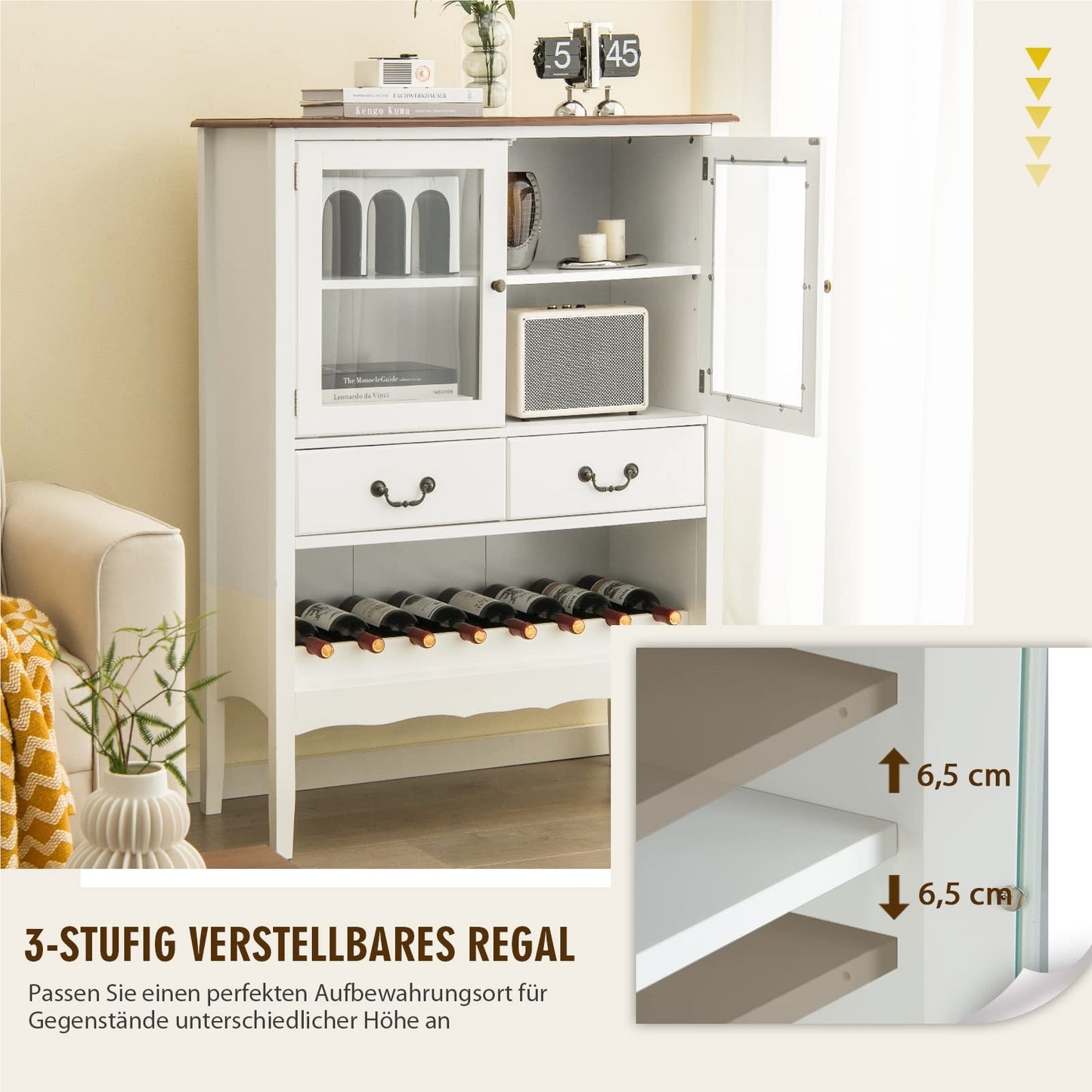 Dressoir – Buffetkast – Keukenkast – Opbergkast – Ladekast – Wijnrek – Massief Grenenhout – Kantelbeveiliging – Wit – 90x40x127 cm